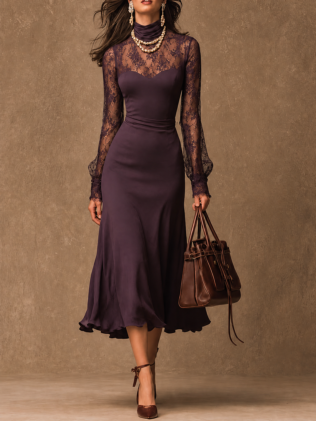 Elegant Matte satin Lace Long Sleeve Bodycon Midi Dress