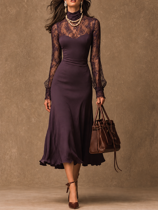 Elegant Matte satin Lace Long Sleeve Bodycon Midi Dress