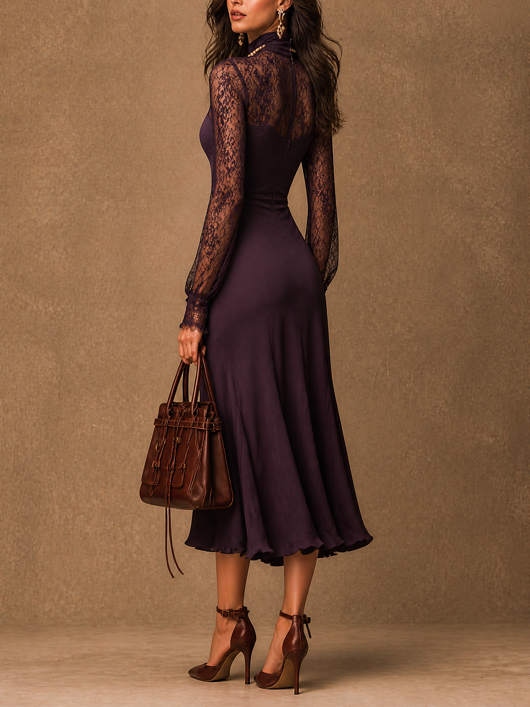 Elegant Matte satin Lace Long Sleeve Bodycon Midi Dress