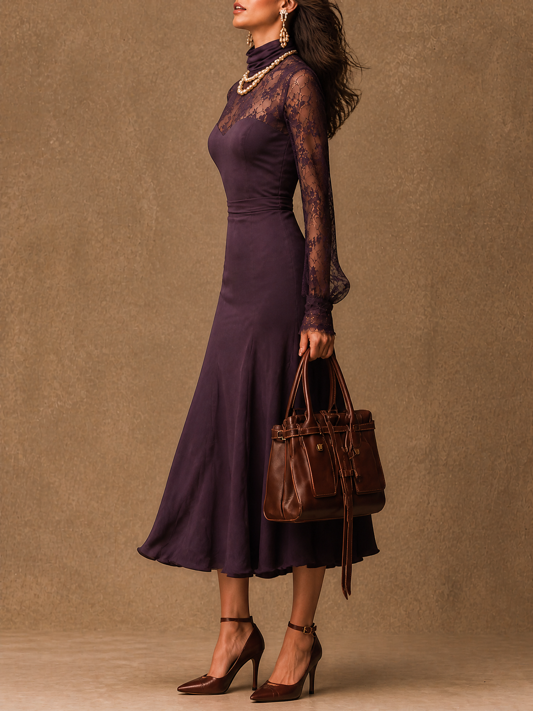 Elegant Matte satin Lace Long Sleeve Bodycon Midi Dress