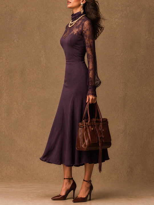 Elegant Matte satin Lace Long Sleeve Bodycon Midi Dress