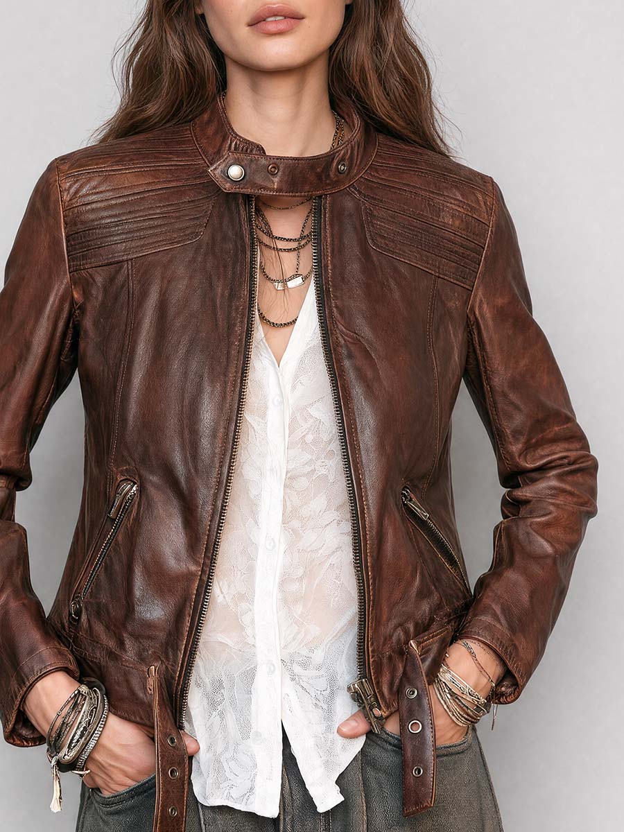 Vintage Brown Leather Moto With Quilted Shoulder Panels Jacket