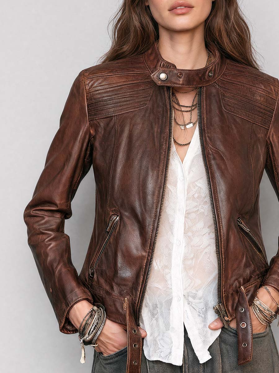 Vintage Brown Leather Moto With Quilted Shoulder Panels Jacket