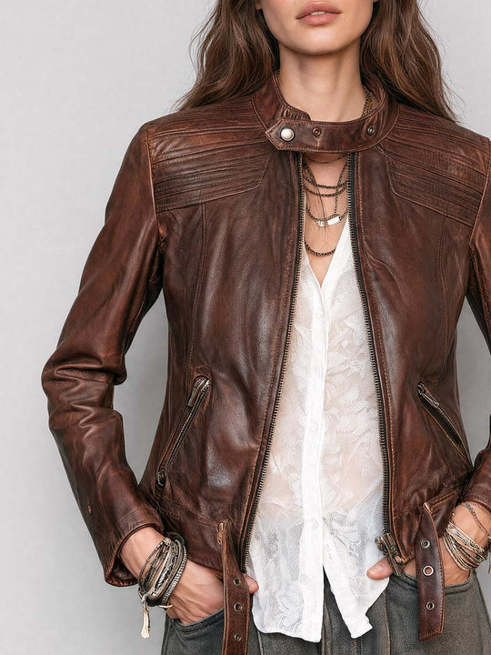 Vintage Brown Leather Moto With Quilted Shoulder Panels Jacket