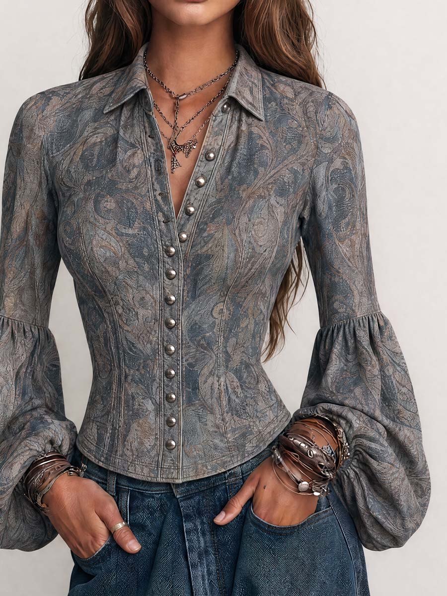 Vintage Paisley Button Front Balloon Sleeve Blouse