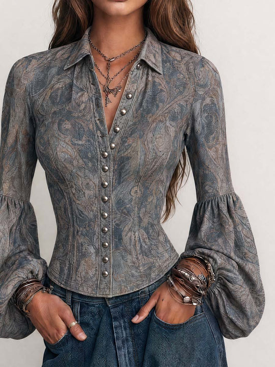 Vintage Paisley Button Front Balloon Sleeve Blouse