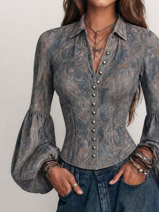 Vintage Paisley Button Front Balloon Sleeve Blouse
