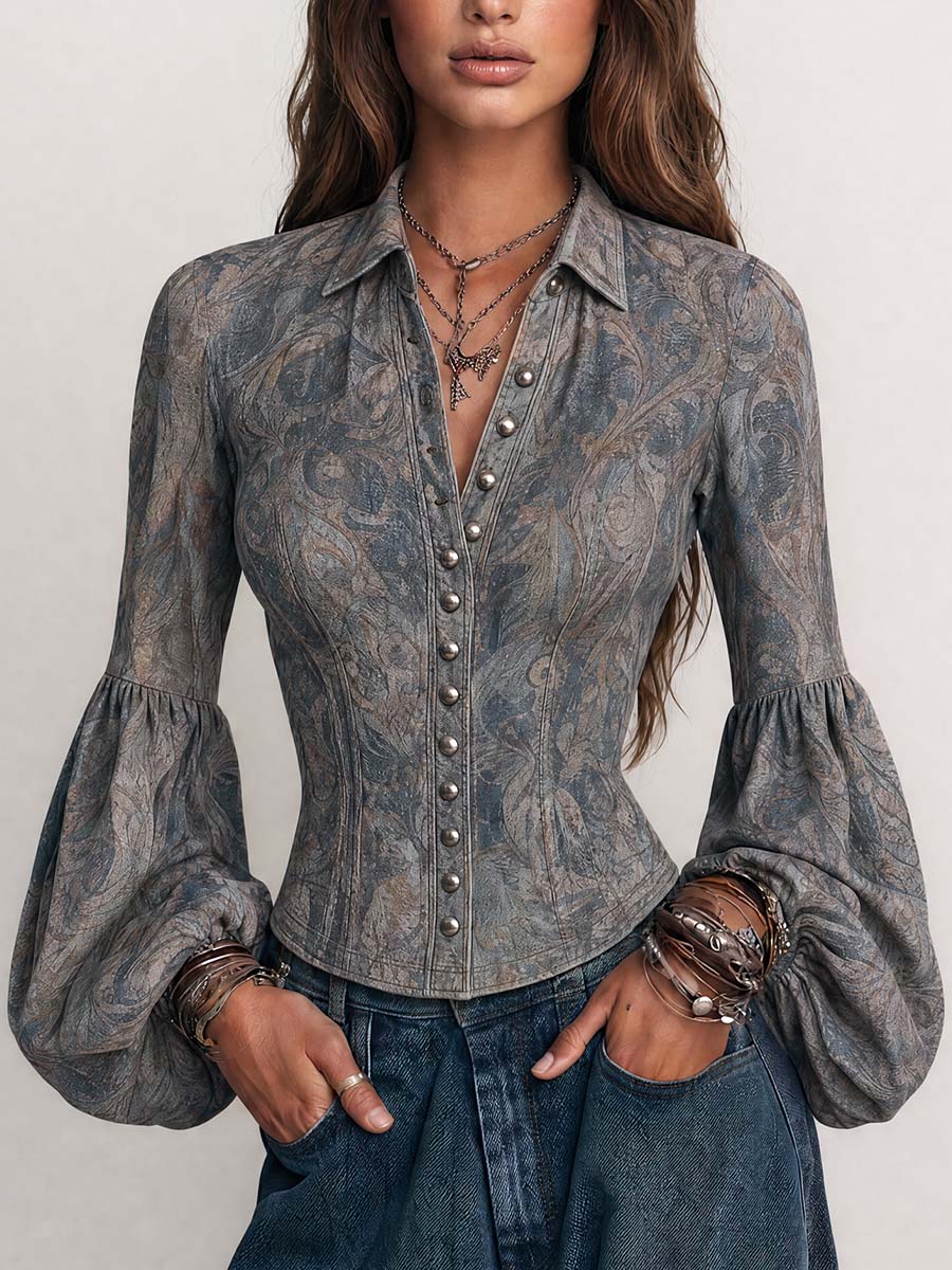 Vintage Paisley Button Front Balloon Sleeve Blouse