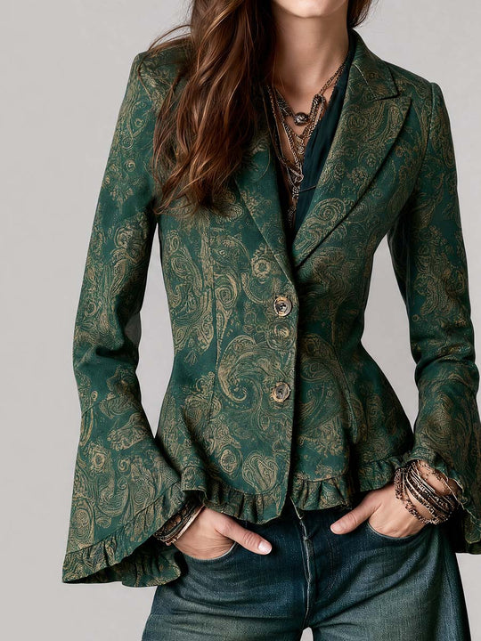 Bohemian Paisley Print Flared Sleeve Button Front Blazer