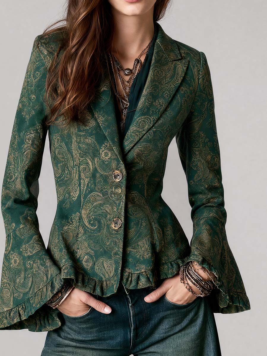 Bohemian Paisley Print Flared Sleeve Button Front Blazer