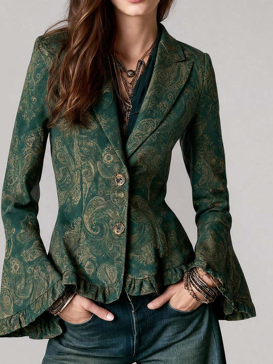 Bohemian Paisley Print Flared Sleeve Button Front Blazer