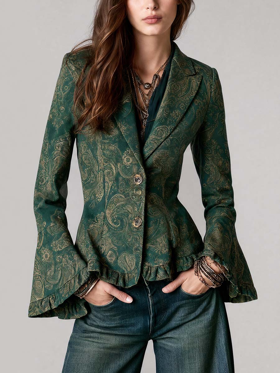 Bohemian Paisley Print Flared Sleeve Button Front Blazer