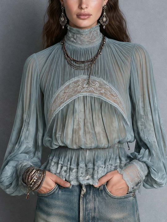 Bohemian Sheer Pleated Lace Trim High Neck Blouse With Balloon Sleeves