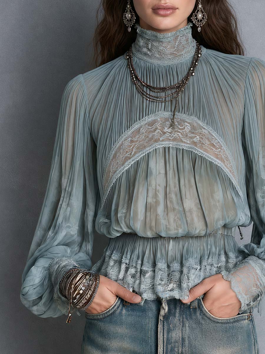 Bohemian Sheer Pleated Lace Trim High Neck Blouse With Balloon Sleeves