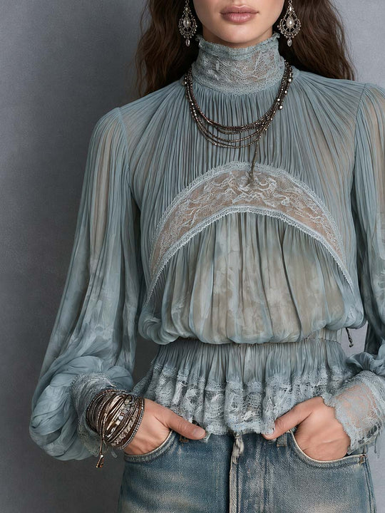 Bohemian Sheer Pleated Lace Trim High Neck Blouse With Balloon Sleeves