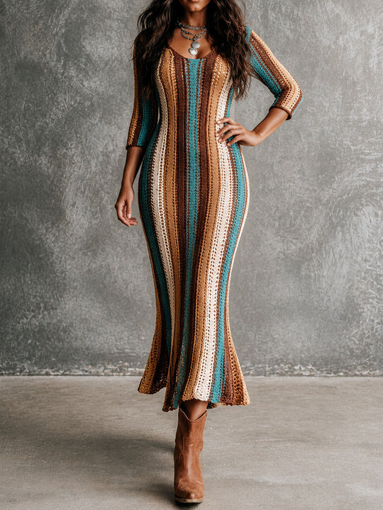 Boho Color Block Vertical Stripe Hollow Knit Mermaid Hem Maxi Dress