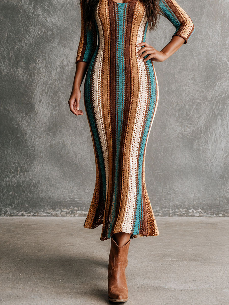 Boho Color Block Vertical Stripe Hollow Knit Mermaid Hem Maxi Dress
