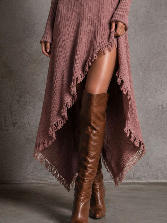 Boho Cowl Neck Dusty Rose Ribbed Knit Dress Irregular High Low Tassel Hem