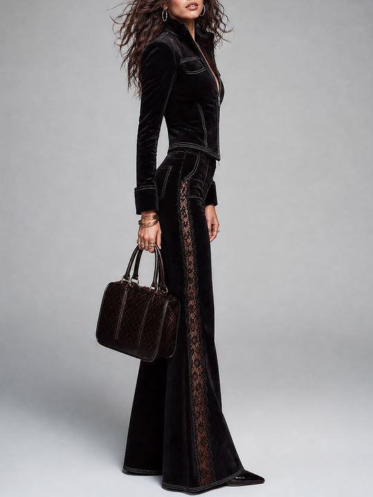 Boho Suede Zip-Up Jacket & Lace-Trim Flare Pants Set