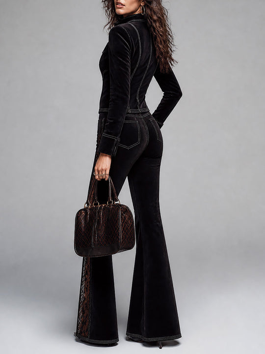 Boho Suede Zip-Up Jacket & Lace-Trim Flare Pants Set