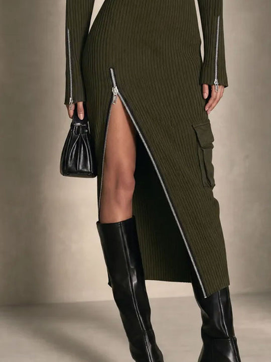 Olive Turtleneck Ribbed Knit Zip Slit Midi Dress With Cargo Pocket