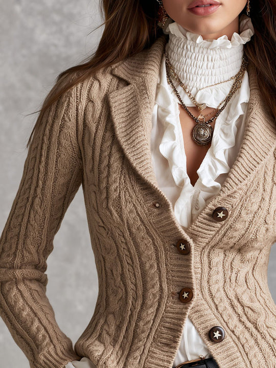 Quiet Luxury Cable Knit Tailored Suit Cardigan With Wooden Star Buttons