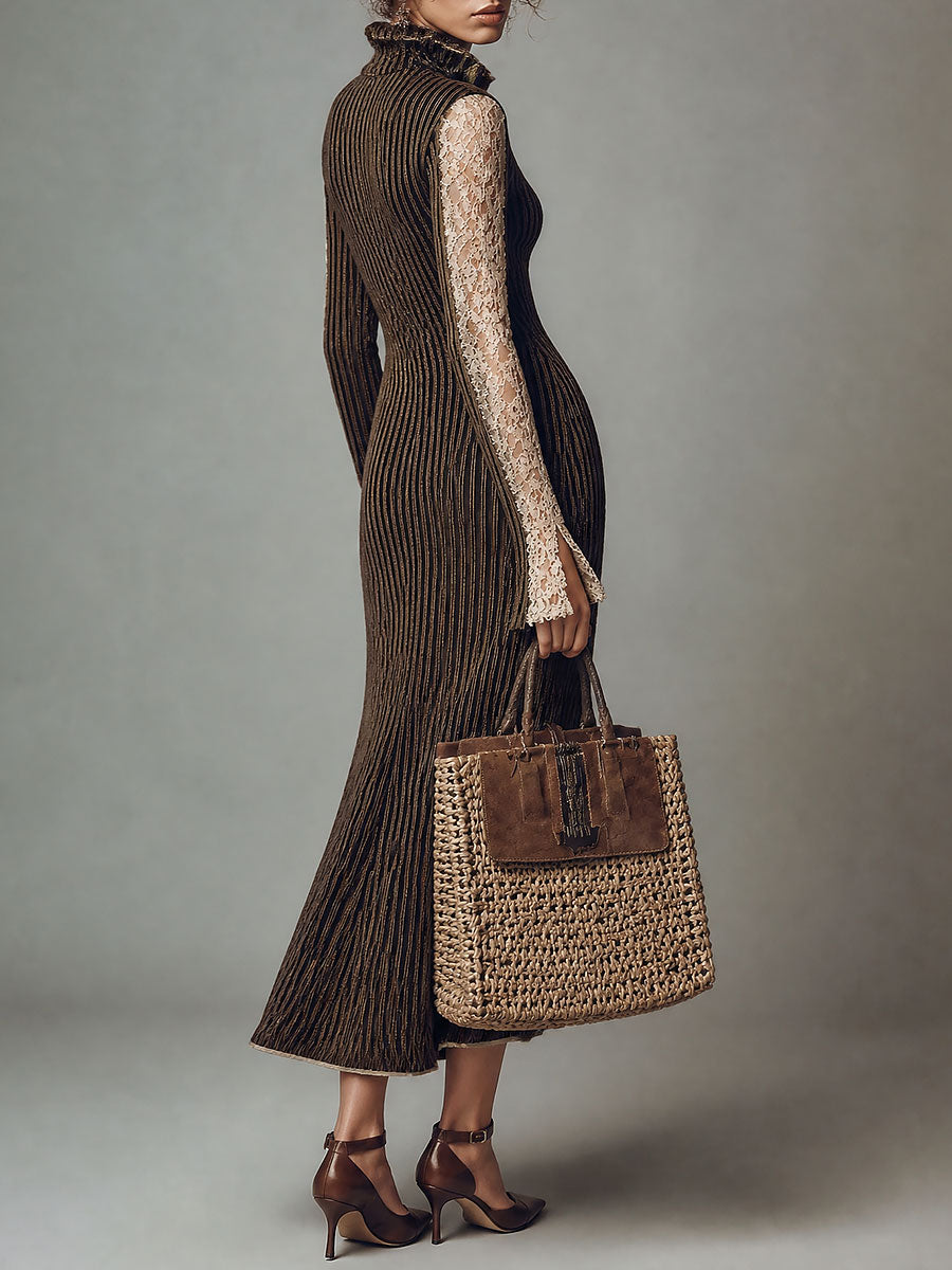 Boho Striped Zip-Up High Neck Knit Maxi Dress with Lace Sleeve Detail