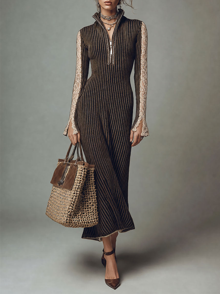 Boho Striped Zip-Up High Neck Knit Maxi Dress with Lace Sleeve Detail