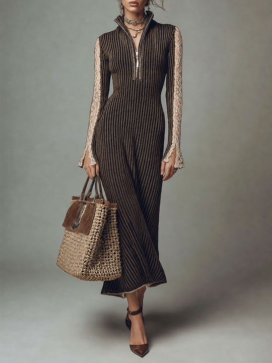Boho Striped Zip-Up High Neck Knit Maxi Dress with Lace Sleeve Detail