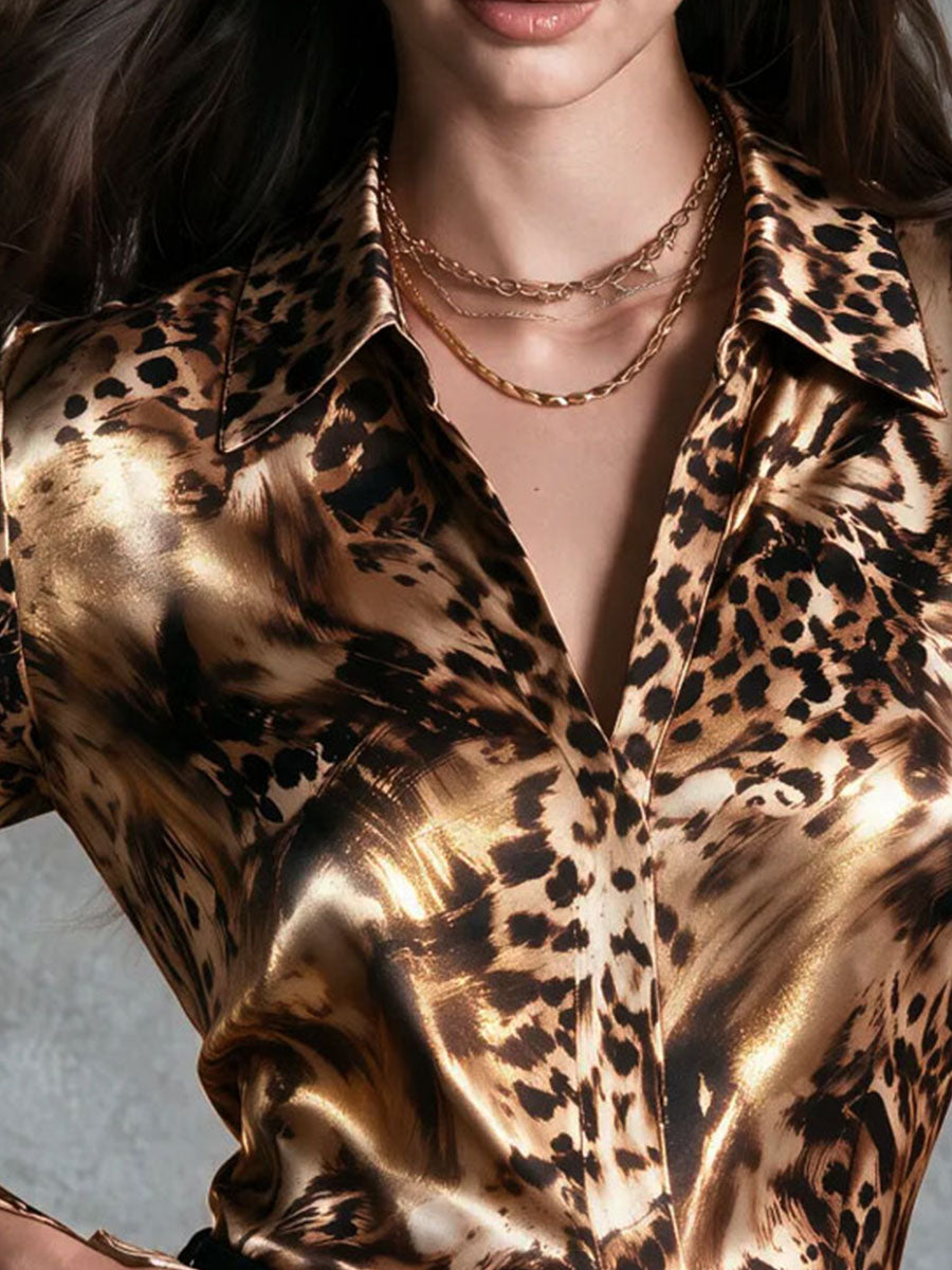 Vintage Brown Luxury Shiny Satin Leopard Blouse With Split Sleeve