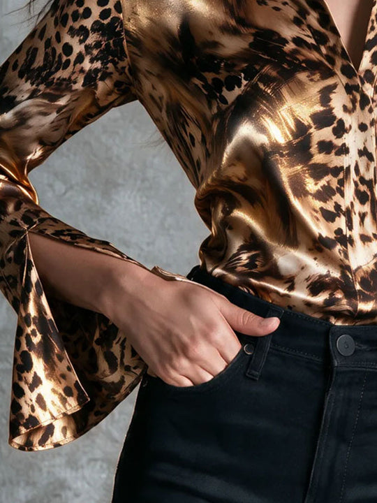 Vintage Brown Luxury Shiny Satin Leopard Blouse With Split Sleeve