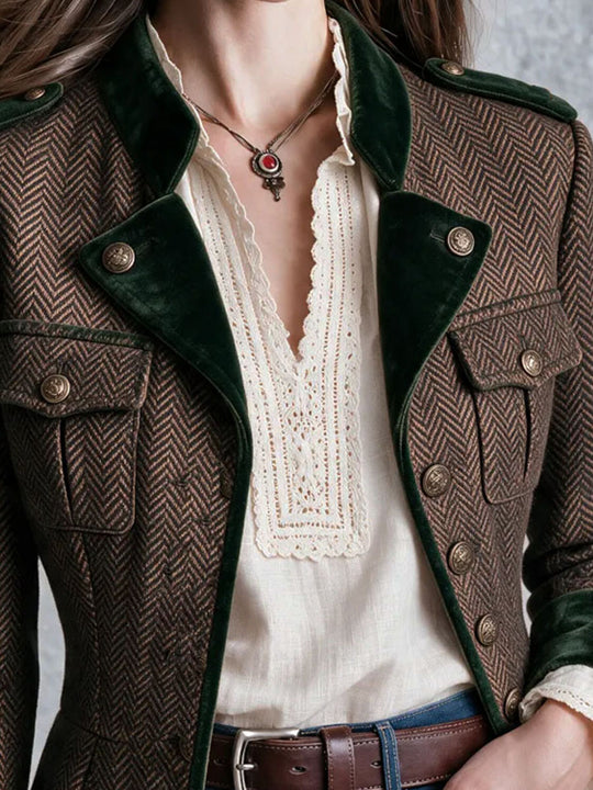 Vintage Country Velvet Trim Tweed Coat With Epaulet And Brass Button