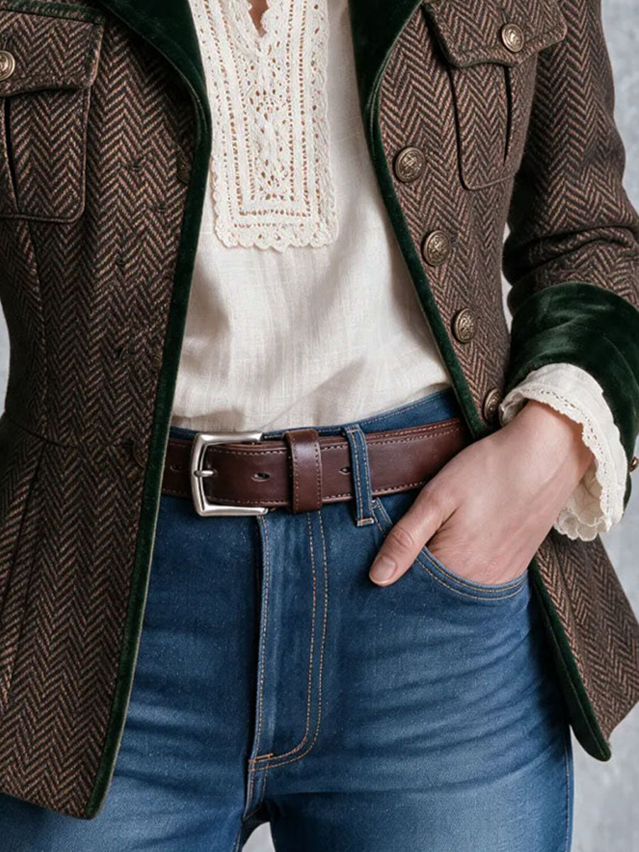 Vintage Country Velvet Trim Tweed Coat With Epaulet And Brass Button
