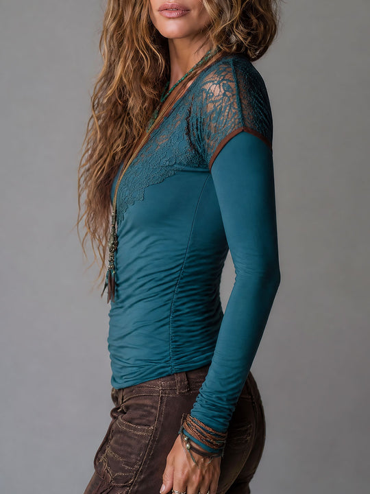 Boho Lace Panel Ruched Long Sleeve Top