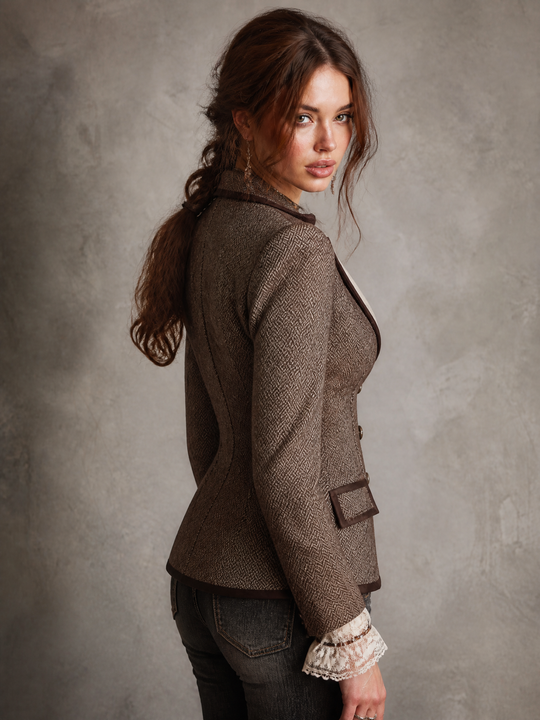 Elegant Classic Brown Herringbone Tweed Fitted Blazer with Contrast Lapel