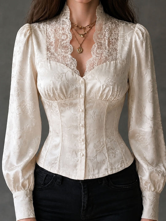 Romantic Ivory Jacquard Scalloped Lace Collar Corset Blouse