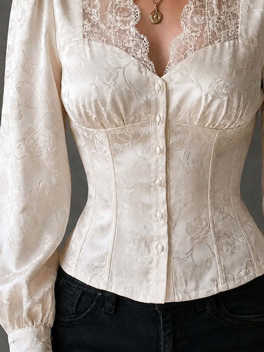 Romantic Ivory Jacquard Scalloped Lace Collar Corset Blouse