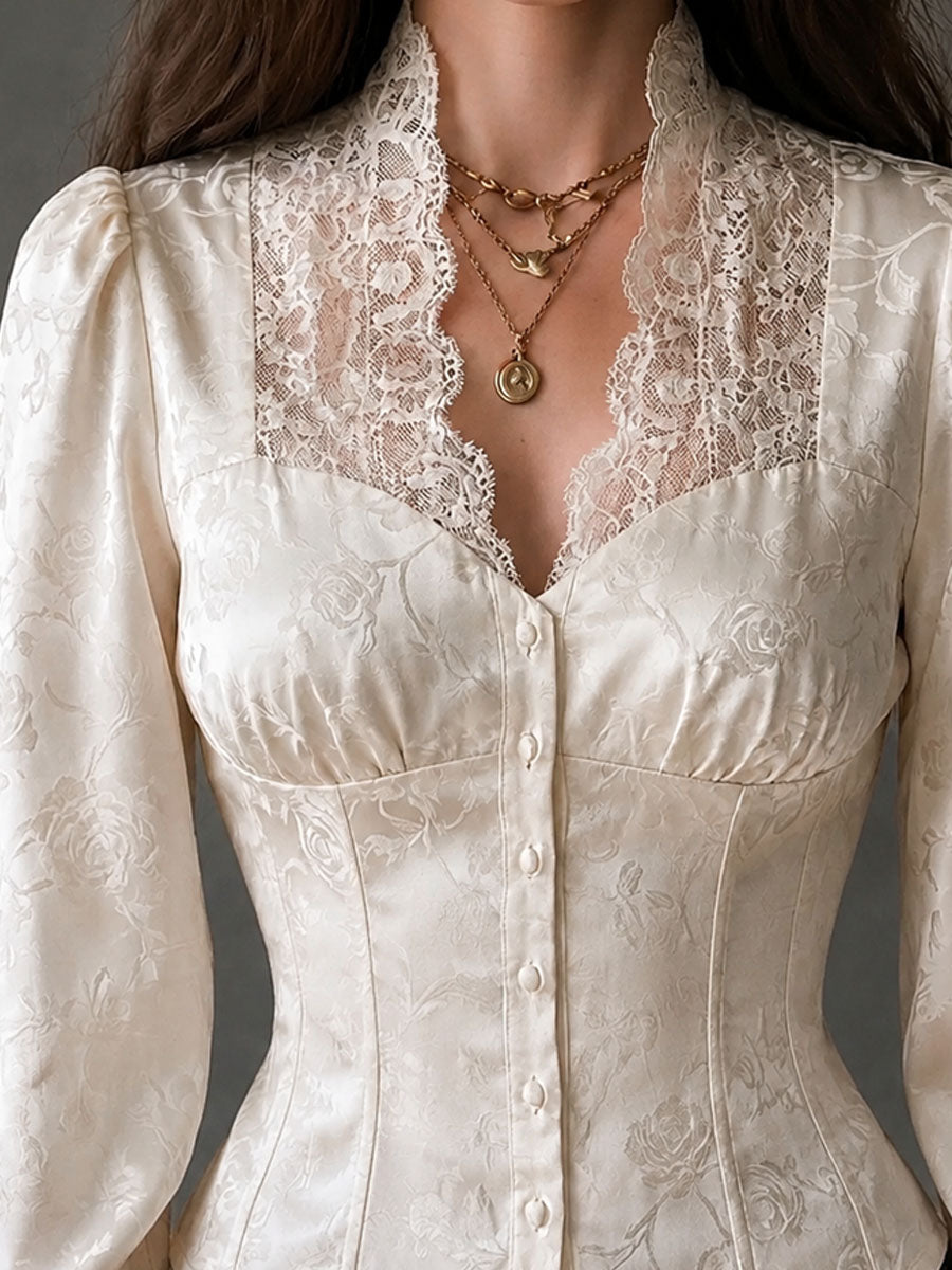 Romantic Ivory Jacquard Scalloped Lace Collar Corset Blouse