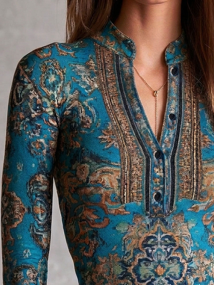 Vintage Ethnic Turquoise Floral Print Half Placket Knit Top