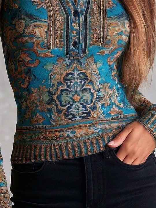 Vintage Ethnic Turquoise Floral Print Half Placket Knit Top