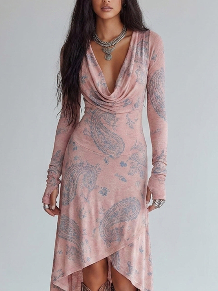 Bohemian Pink Paisley Cowl Neck Long Sleeve High-Low Midi Dress