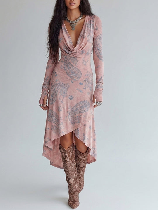 Bohemian Pink Paisley Cowl Neck Long Sleeve High-Low Midi Dress