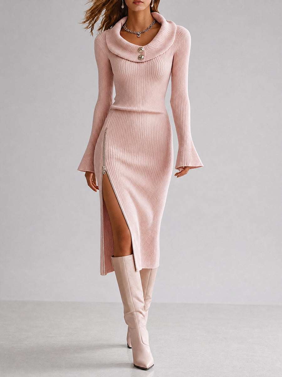 Pink Ribbed Knit Cowl Neck Zip-Slit Midi Dress