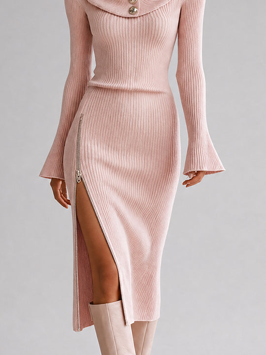 Pink Ribbed Knit Cowl Neck Zip-Slit Midi Dress