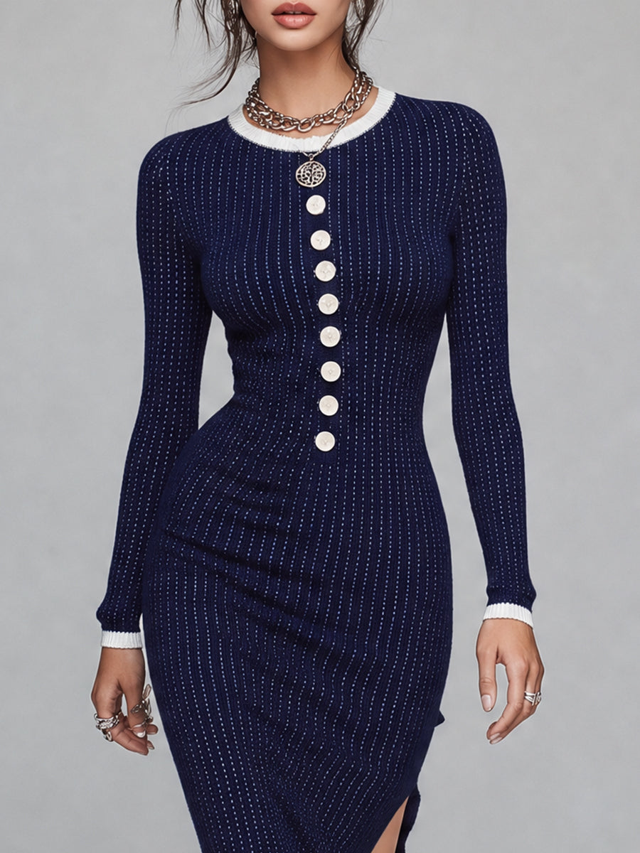 Vintage Navy Ribbed Knit Button-Front Midi Dress