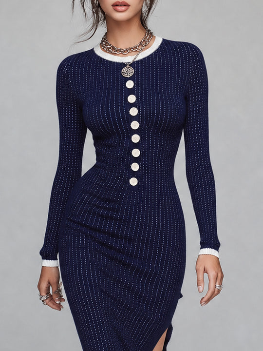 Vintage Navy Ribbed Knit Button-Front Midi Dress