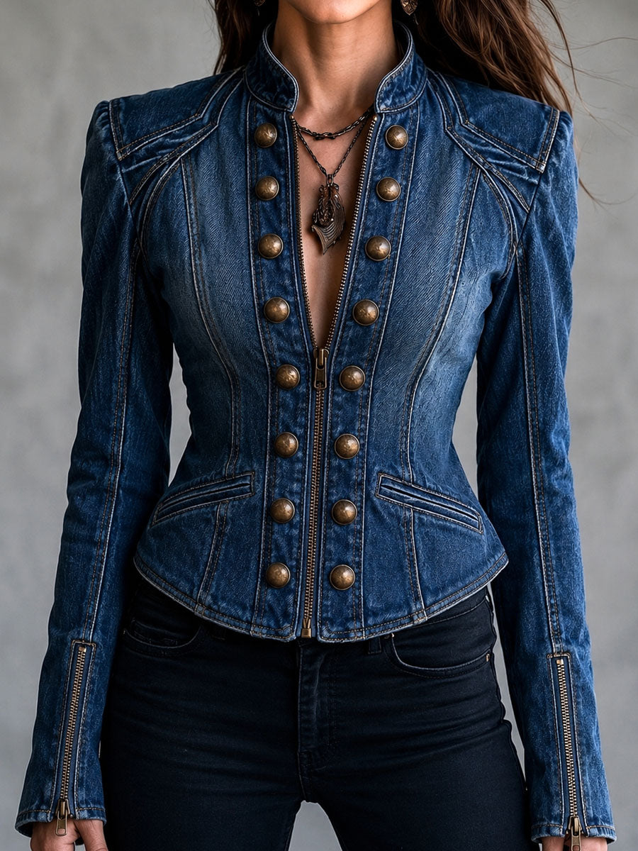 Vintage Western Slim Waist Denim Blazer With Zipper Design