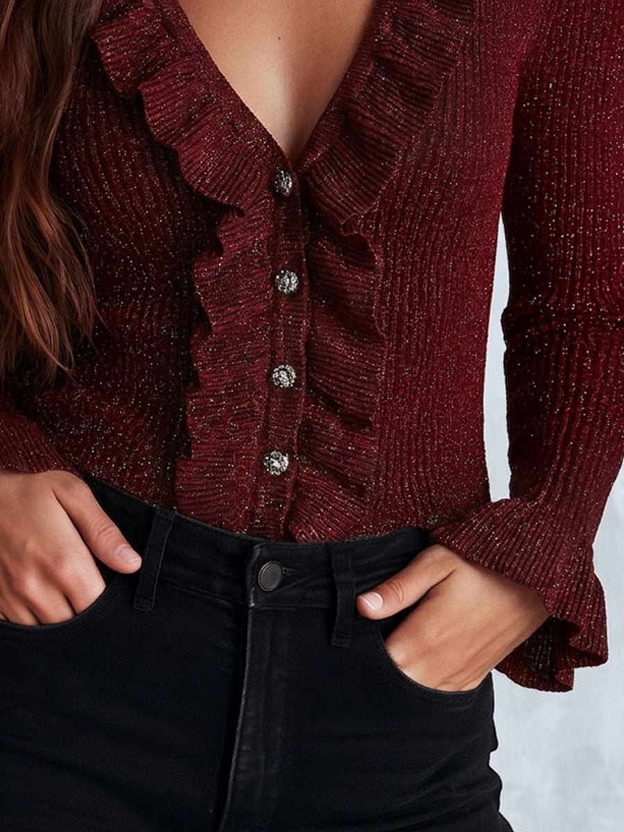 Retro Elegant Burgundy Shimmer Rib Knit Cardigan