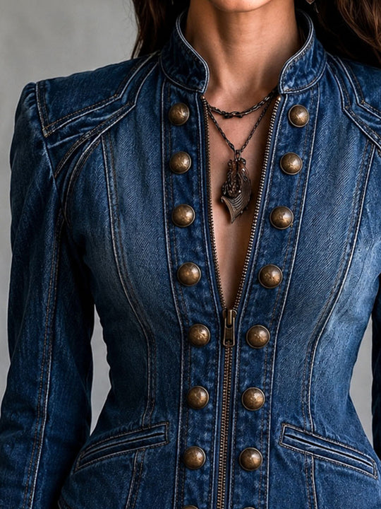 Vintage Western Slim Waist Denim Blazer With Zipper Design