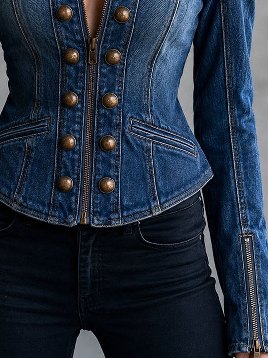 Vintage Western Slim Waist Denim Blazer With Zipper Design